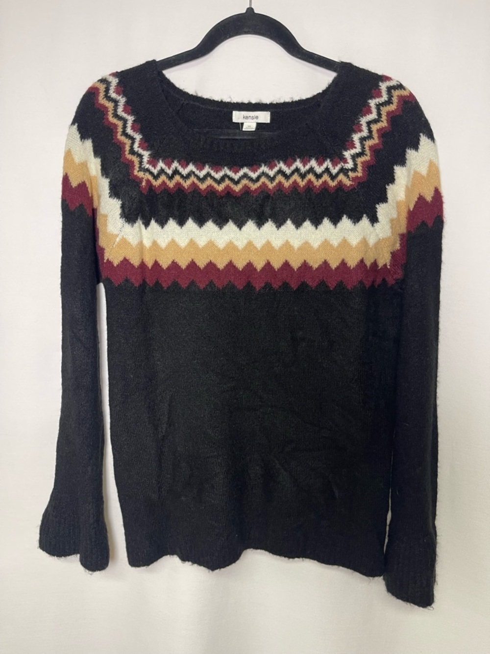 kensie Black Crewneck Sweater with Multicolor Pattern
